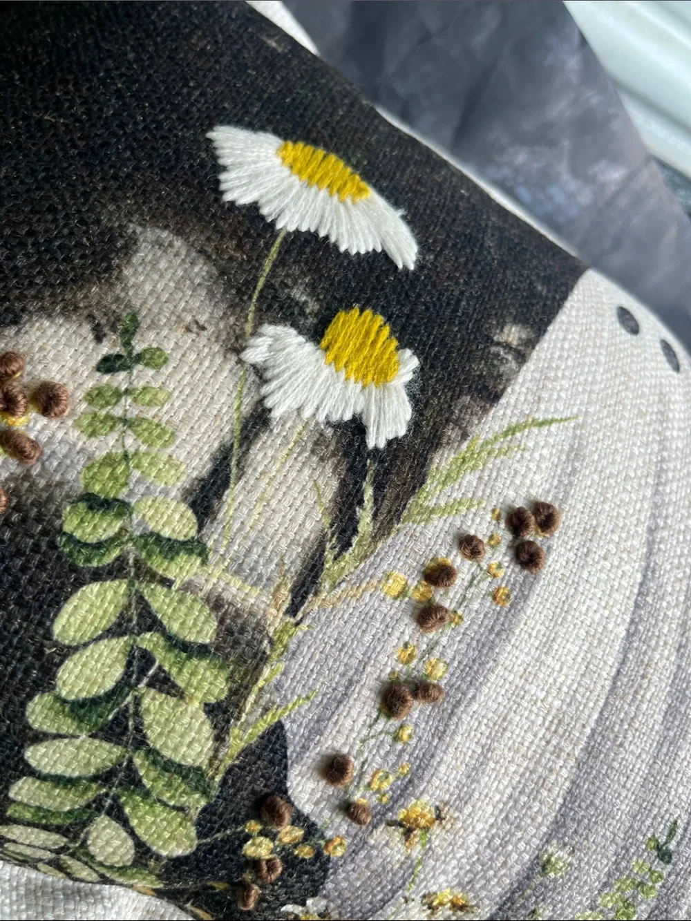 Neutral Ghost & Daisies Decorative Throw Pillow - White/Black